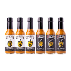 6 pack of Sauce Bae Hot Sauce Variety pack. Includes 3 bottles of Skinny Habanero, and 3 bottle of Hotter Habanero hot sauce. 