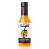 Front view of a 5 oz bottle of Sauce Bae Skinny Habanero Hot Sauce with turmeric, featuring a black and white label, yellow pepper logo, and a small pineapple icon.