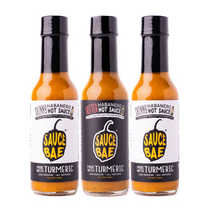 3 pack of Sauce Bae Hot Sauce Variety pack. Includes 1 bottle of Skinny Habanero, and 1 bottle of Hotter Habanero hot sauce.
