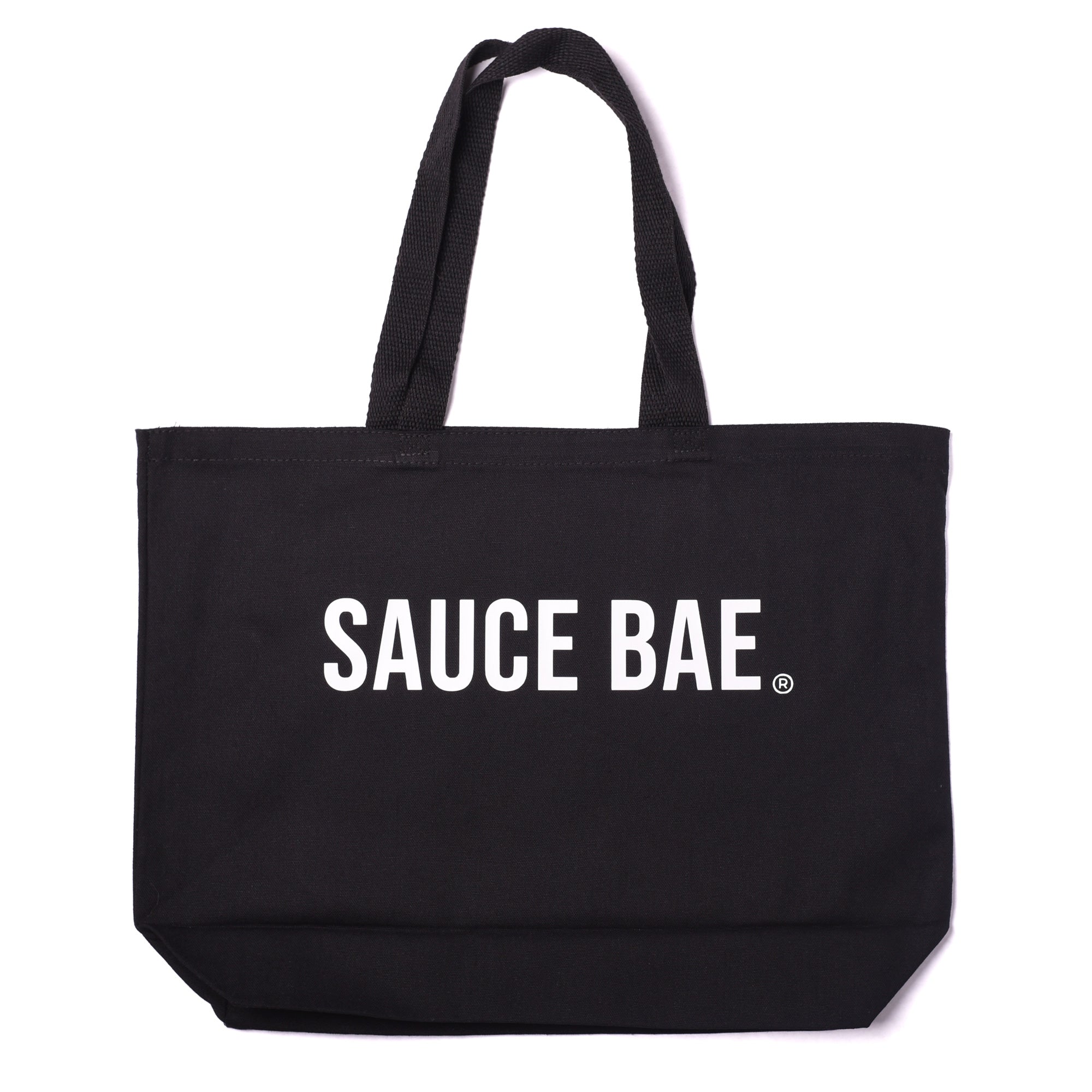 Black Sauce Bae jumbo tote bag with white text, eco-friendly and perfect for everyday use.