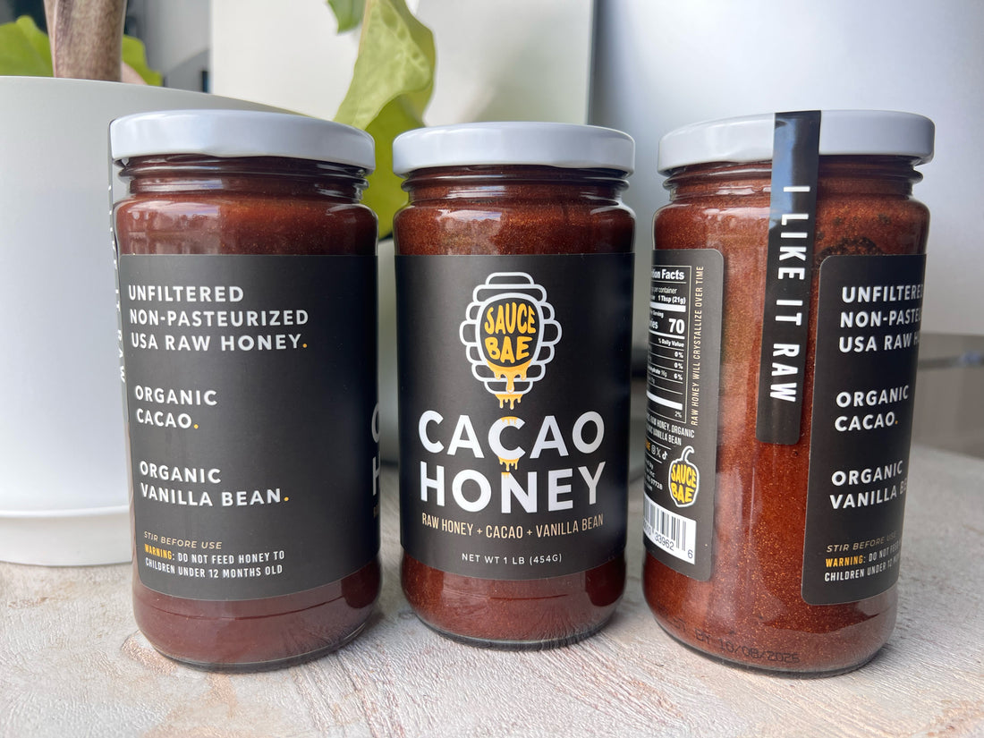 A picture of 3 jars Sauce Bae Cacao Honey