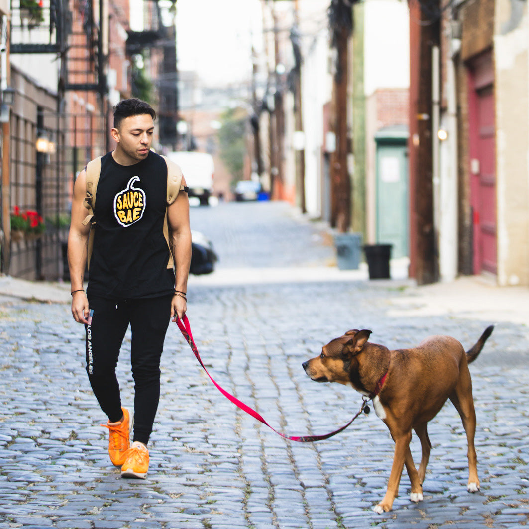 Kevin Carbone, Founder of Sauce Bae the hot sauce and raw honey brand walking his dog Rambo in Hoboken New Jersey