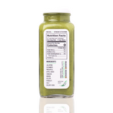 Sauce Bae LA Green Juice Hot Sauce bottle on white backdrop with reflection, back of label.
