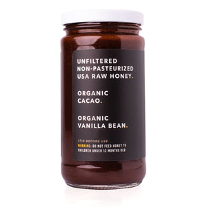 Sauce Bae Cacao Raw Honey Vanilla Bean 1 lb Jar, Side view of jar and label