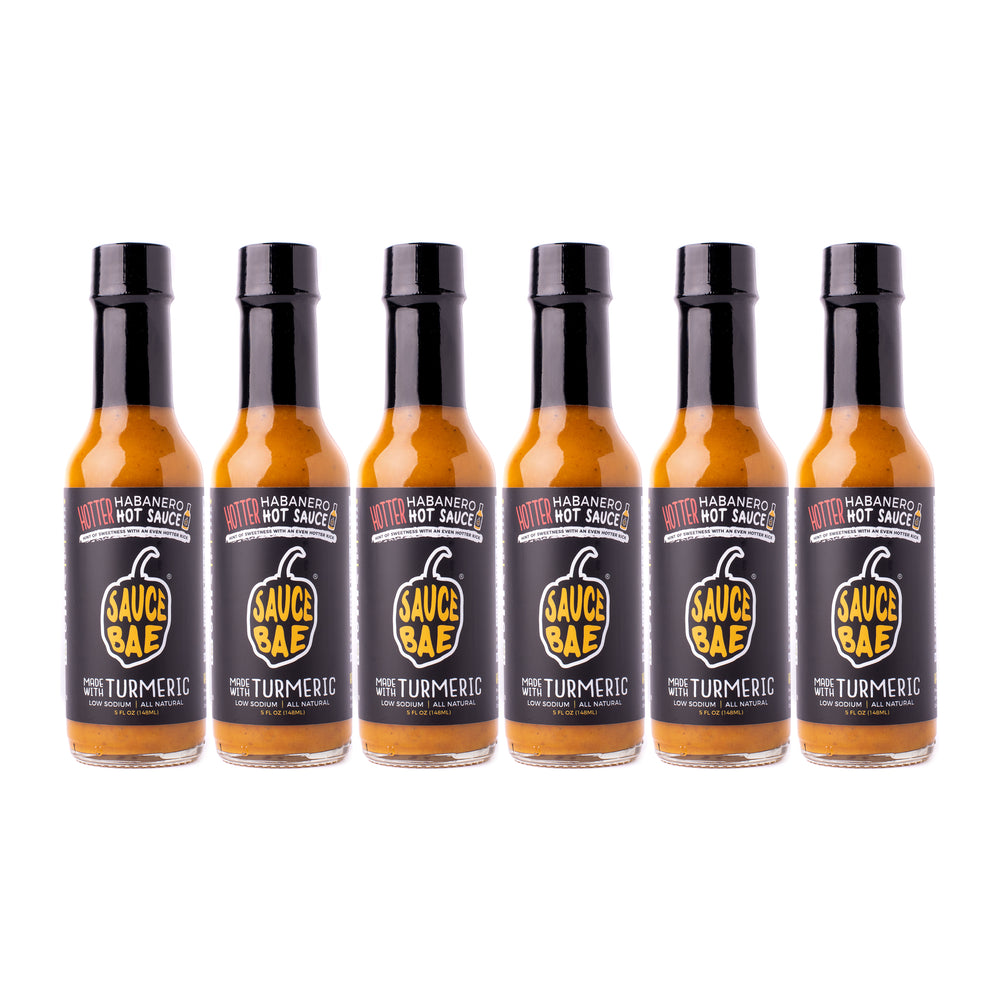 6 pack of Sauce Bae Hotter Habanero Hot Sauce bottles, Made With Turmeric and ghost pepper, Low Sodium and all natural