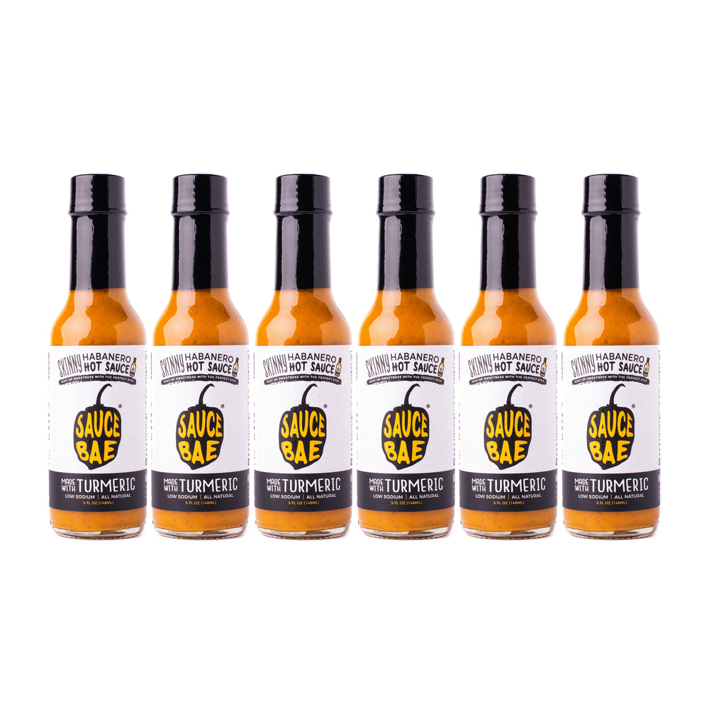 6 pack of Sauce Bae Skinny Habanero Hot Sauce, Made With Turmeric, Low Sodium, and featured on Hot Ones