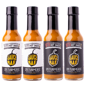 4 pack of Sauce Bae Hot Sauce Variety pack. Includes 2 bottles of Skinny Habanero, and 2 bottle of Hotter Habanero hot sauce. 