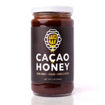 Sauce Bae Cacao Raw Honey 1 lb Jar placed on a white backdrop.