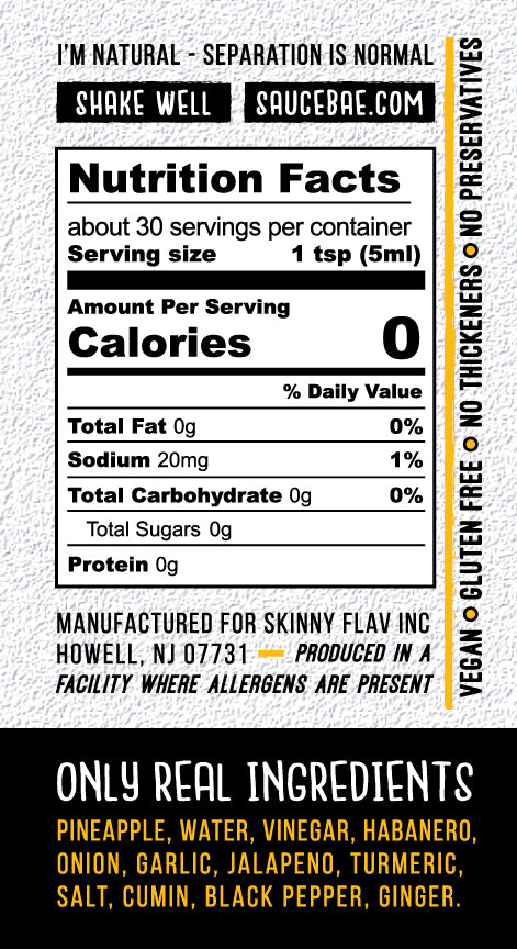 Nutrition Panel of 2 pack of Sauce Bae Skinny Habanero Hot Sauce Made With Turmeric. 0 calories, 20 mg of sodium, and made only from real ingredients.