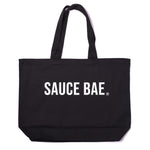 Black Sauce Bae jumbo tote bag with white text, eco-friendly and perfect for everyday use.