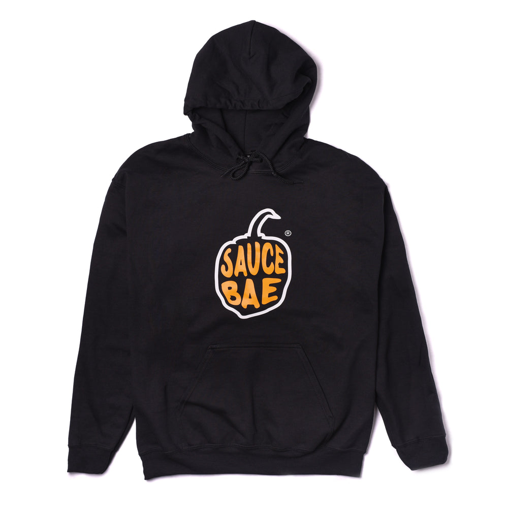 Sauce Bae black hoodie with a large pepper logo on the front, featuring 'Sauce Bae' text in bold orange inside the pepper. Comfortable, stylish, and perfect for showcasing your love for Sauce Bae.