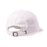 Sauce Bae white dad hat back view, showing adjustable strap and buckle. Comfortable and stylish accessory for hot sauce enthusiasts.