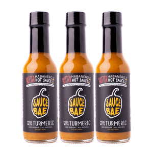 Sauce Bae Hotter Habanero Hot Sauce Made With Turmeric and ghost pepper Low Sodium Vegan and gluten free featured on Hot Ones 3 pack bundle