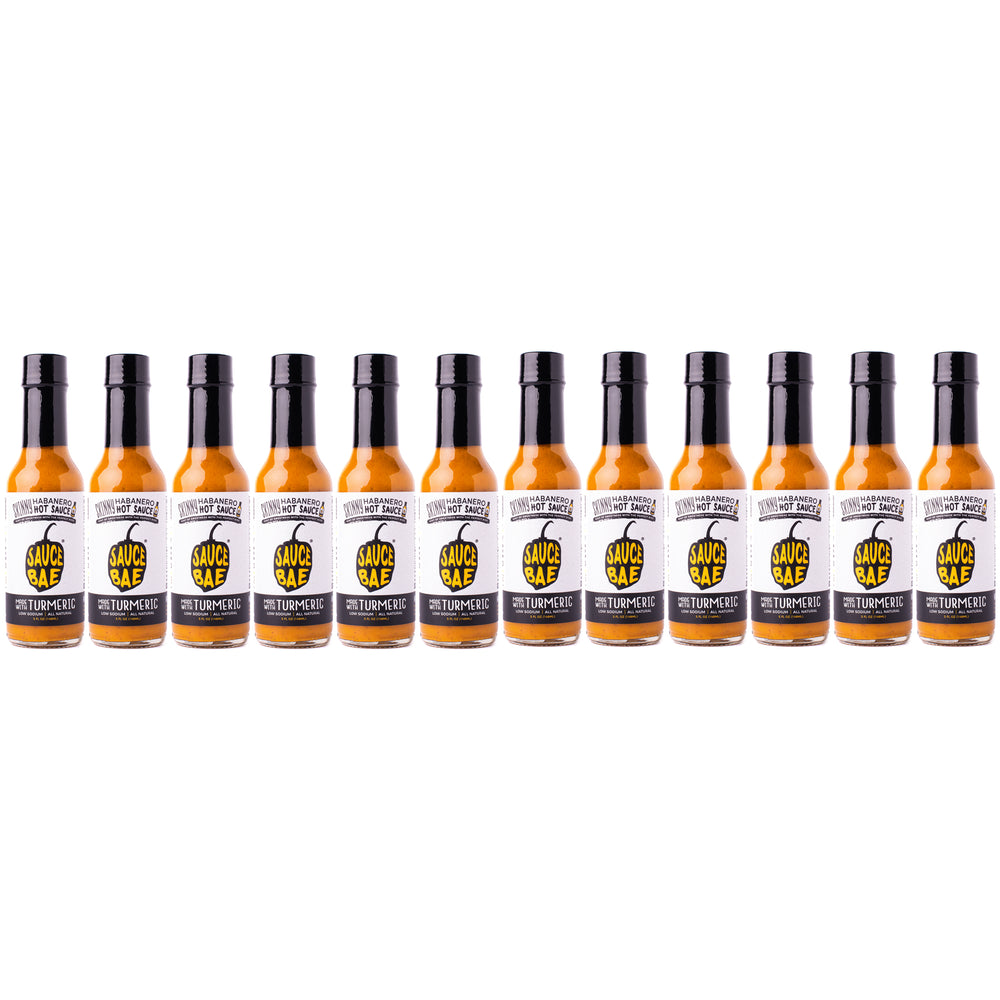 12 pack of Sauce Bae Skinny Habanero Hot Sauce, Made With Turmeric, Low Sodium, and featured on Hot Ones