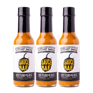 Sauce Bae SKinny Habanero Hot Sauce Made With Turmeric Low Sodium Vegan and gluten free featured on Hot Ones 3 pack bundle