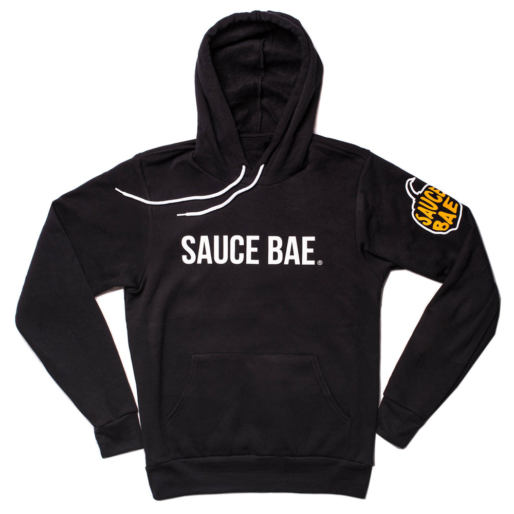 Sauce Bae Hot Sauce Sweatshirt Hoodie in Black. Text logo on front, pepper logo on left sleeve.
