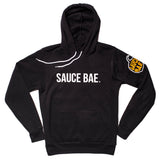 Black Sauce Bae hoodie with white drawstrings, Sauce Bae text on chest, and logo on left sleeve.